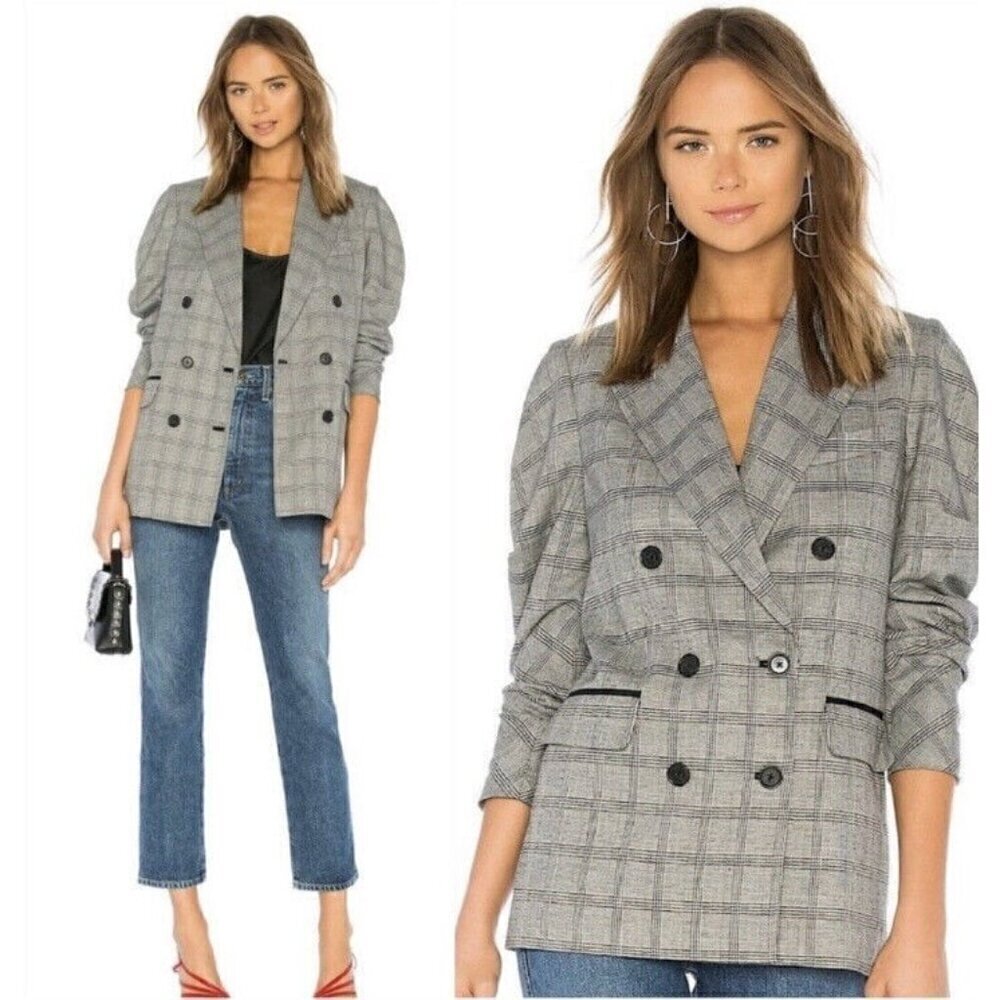 Joie Womens Tomika Black Check Glen Plaid Double Breasted Long Blazer Sz 2